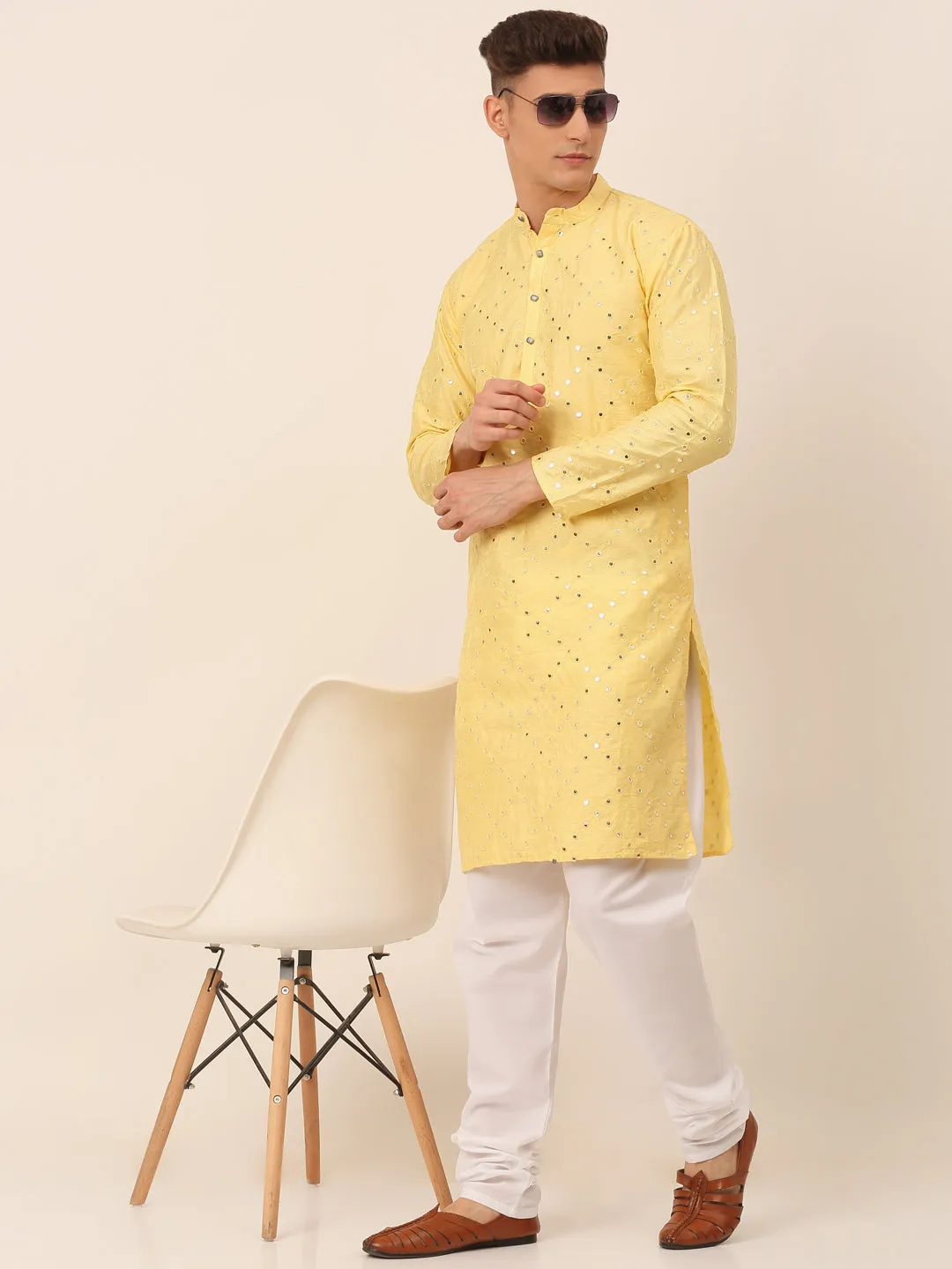 Men's Lemon Mirror Work Kurta Pyjama ( Jokp 659 Lemon ) - Virat Fashions