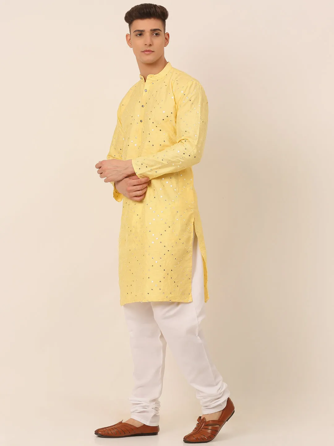 Men's Lemon Mirror Work Kurta Pyjama ( Jokp 659 Lemon ) - Virat Fashions