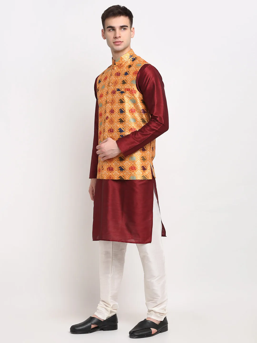 Men's Maroon Dupion Silk Kurta with Churidar & Nehru Jacket ( JOKPWC M-D 4025Orange ) - Virat Fashions