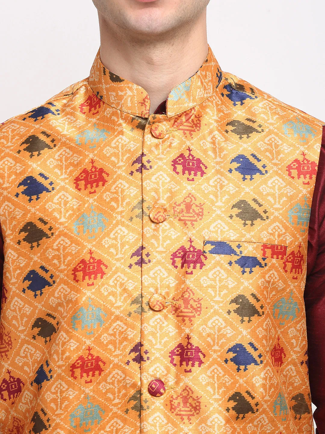 Men's Maroon Dupion Silk Kurta with Churidar & Nehru Jacket ( JOKPWC M-D 4025Orange ) - Virat Fashions