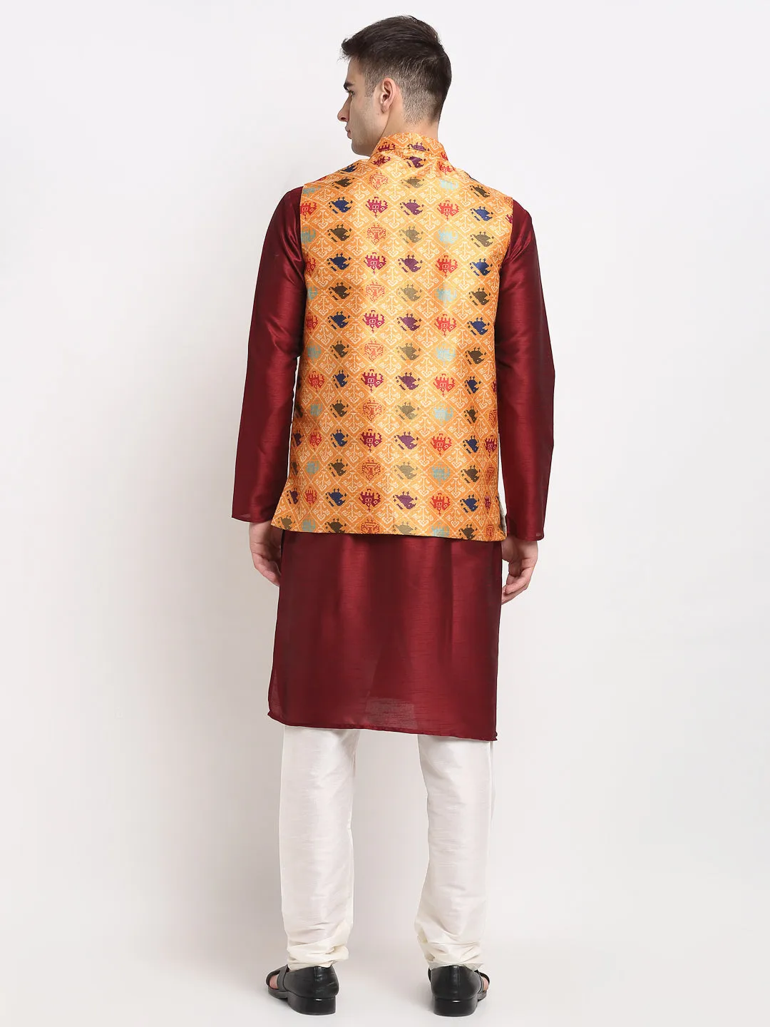 Men's Maroon Dupion Silk Kurta with Churidar & Nehru Jacket ( JOKPWC M-D 4025Orange ) - Virat Fashions