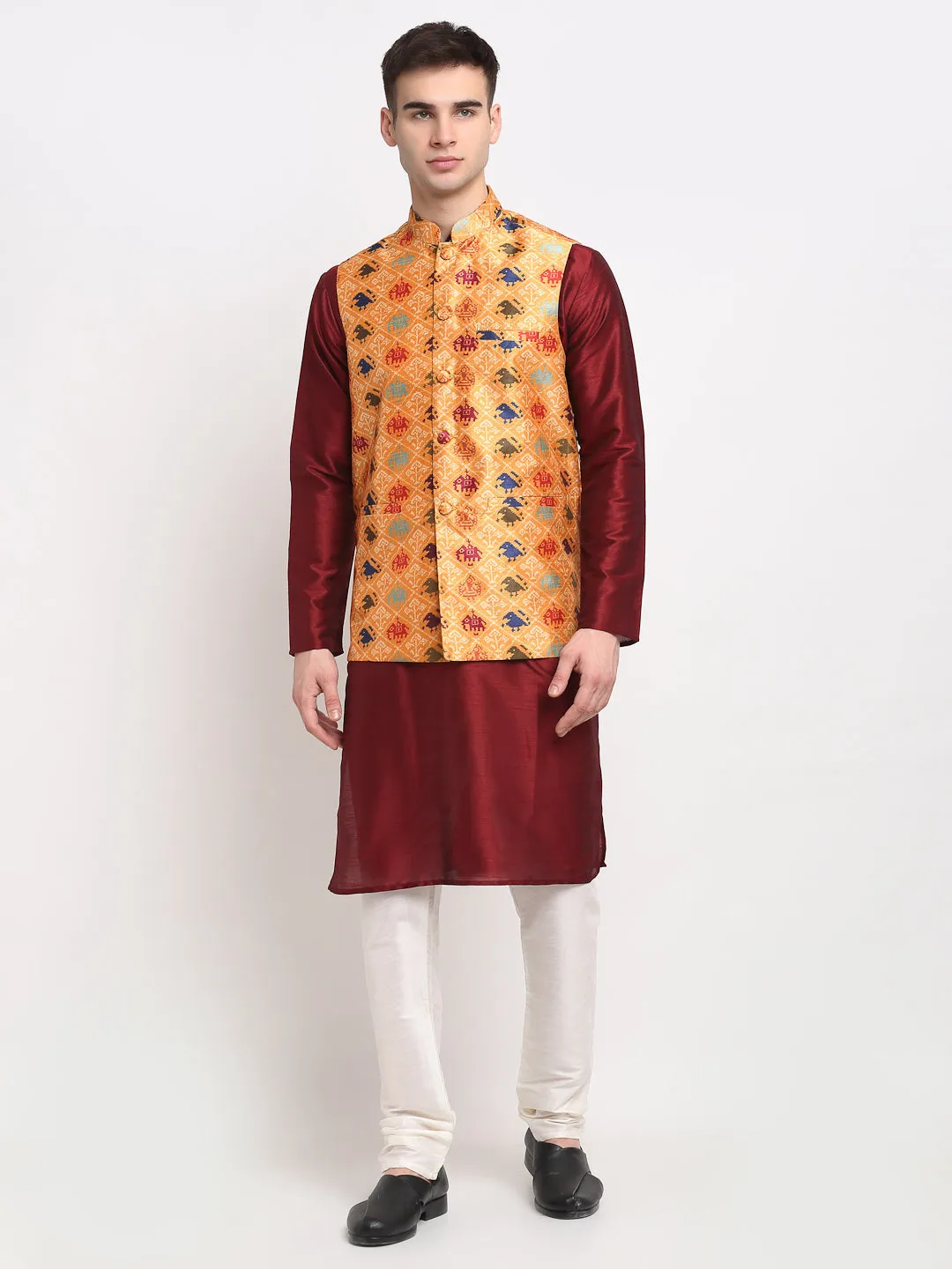 Men's Maroon Dupion Silk Kurta with Churidar & Nehru Jacket ( JOKPWC M-D 4025Orange ) - Virat Fashions