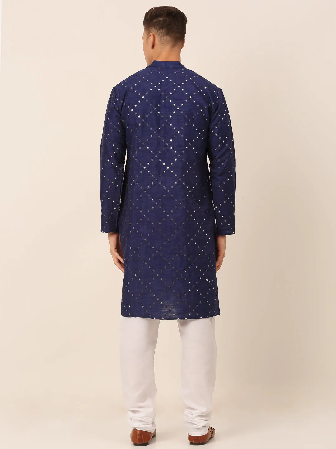 Men's Navy Blue Mirror Work Kurta Pyjama ( Jokp 659 Navy ) - Virat Fashions