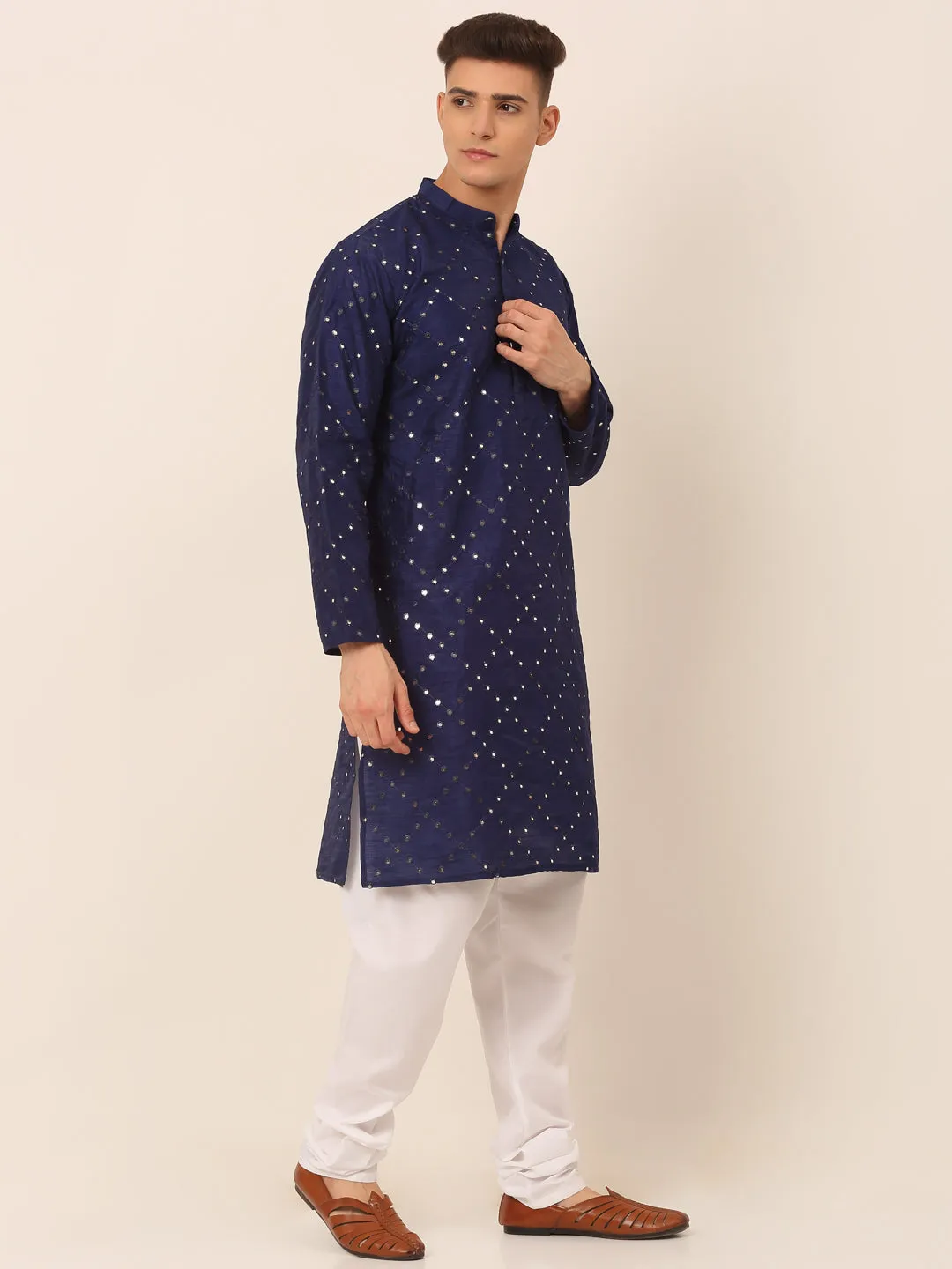 Men's Navy Blue Mirror Work Kurta Pyjama ( Jokp 659 Navy ) - Virat Fashions