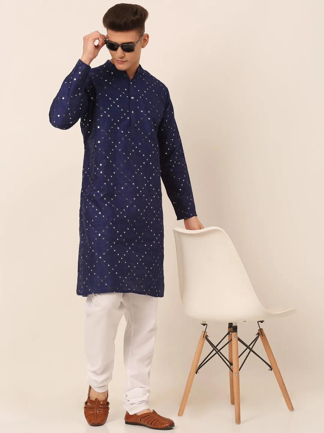 Men's Navy Blue Mirror Work Kurta Pyjama ( Jokp 659 Navy ) - Virat Fashions