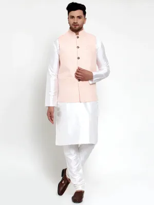 Men'S Solid Dupion Kurta Pajama With Embroiderd Nehru Jacket