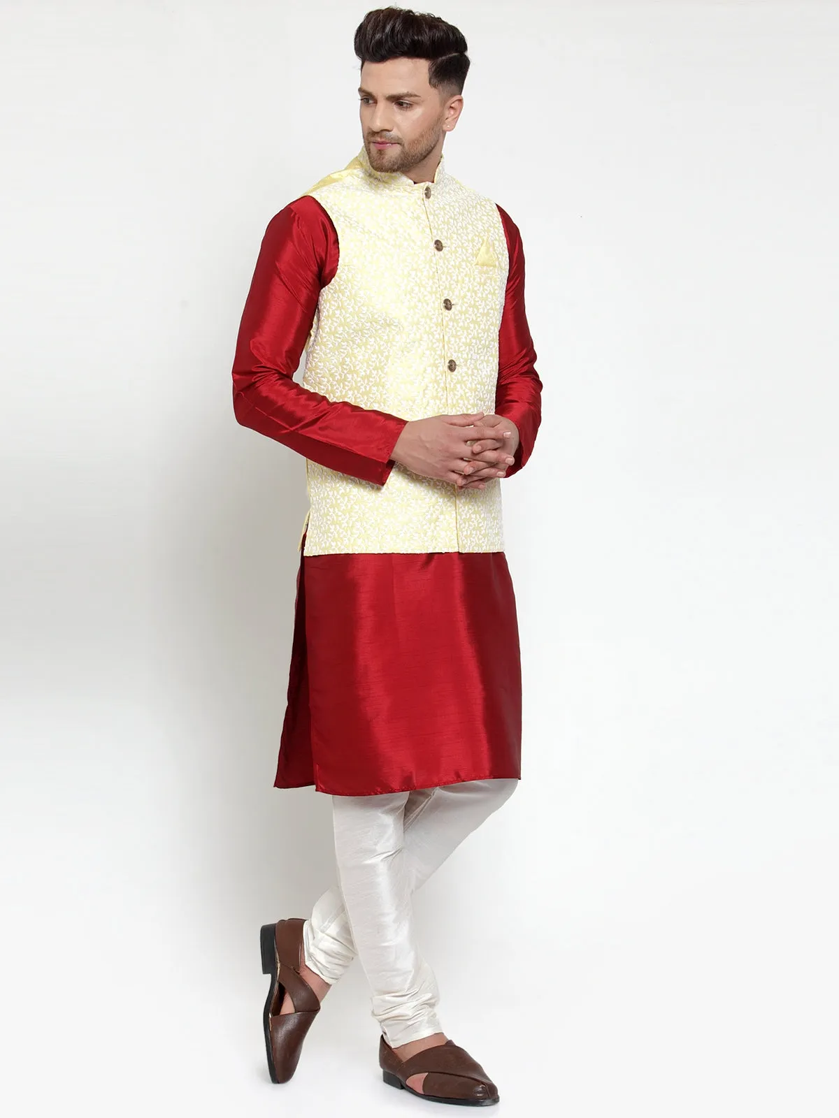 Men's Solid Dupion Kurta Pajama with Embroidered Nehru Jacket ( JOKPWC M-D 4012Yellow ) - Virat Fashions