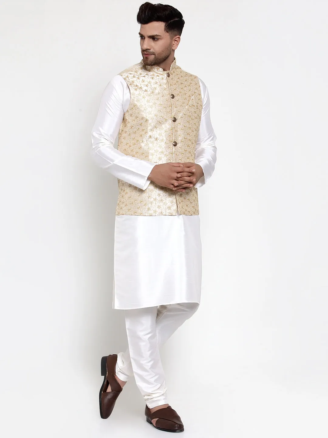 Men's Solid Dupion Kurta Pajama with Embroidered Nehru Jacket ( JOKPWC OW-D 4015Cream ) - Virat Fashions