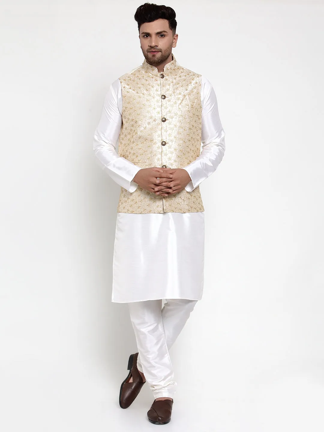 Men's Solid Dupion Kurta Pajama with Embroidered Nehru Jacket ( JOKPWC OW-D 4015Cream ) - Virat Fashions