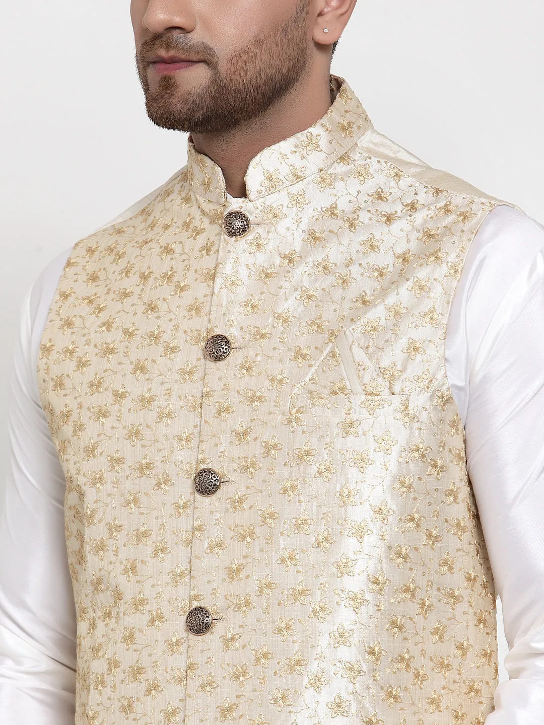 Men's Solid Dupion Kurta Pajama with Embroidered Nehru Jacket ( JOKPWC OW-D 4015Cream ) - Virat Fashions