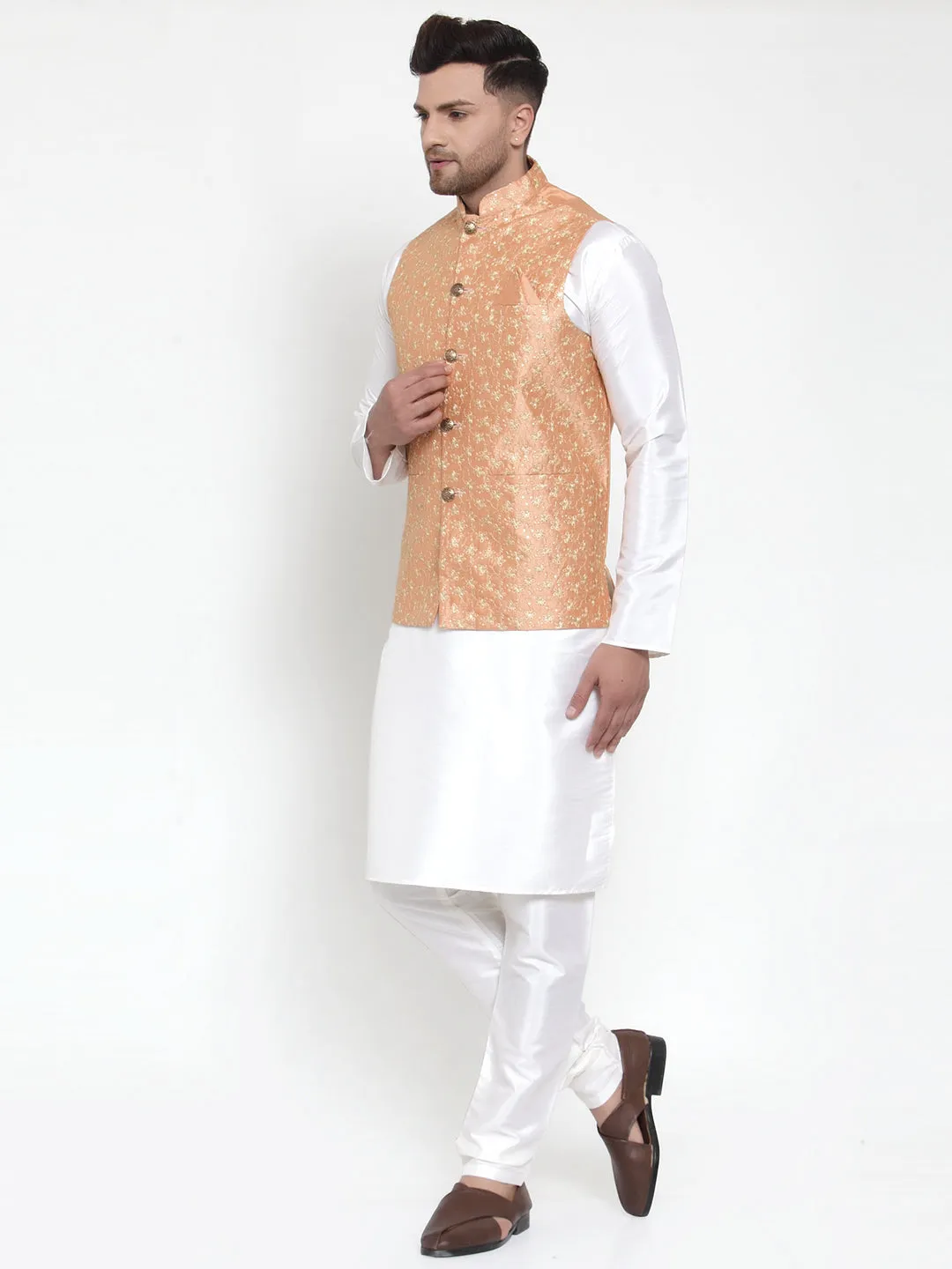 Men's Solid Dupion Kurta Pajama with Embroidered Nehru Jacket ( JOKPWC OW-D 4015Peach ) - Virat Fashions