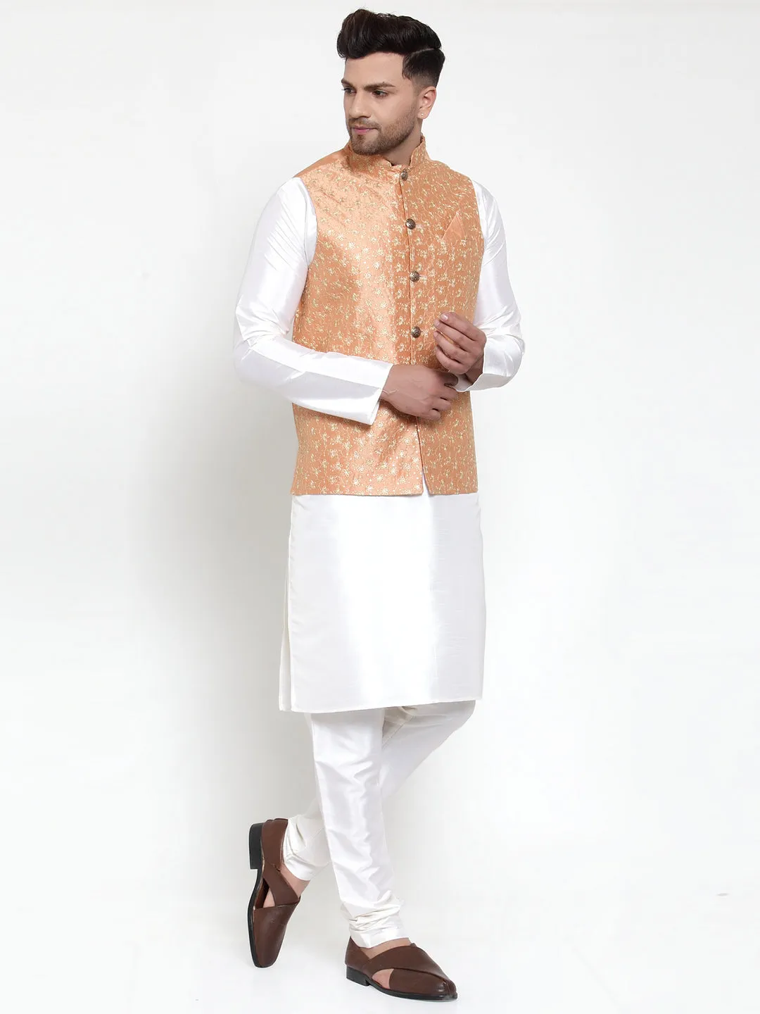 Men's Solid Dupion Kurta Pajama with Embroidered Nehru Jacket ( JOKPWC OW-D 4015Peach ) - Virat Fashions