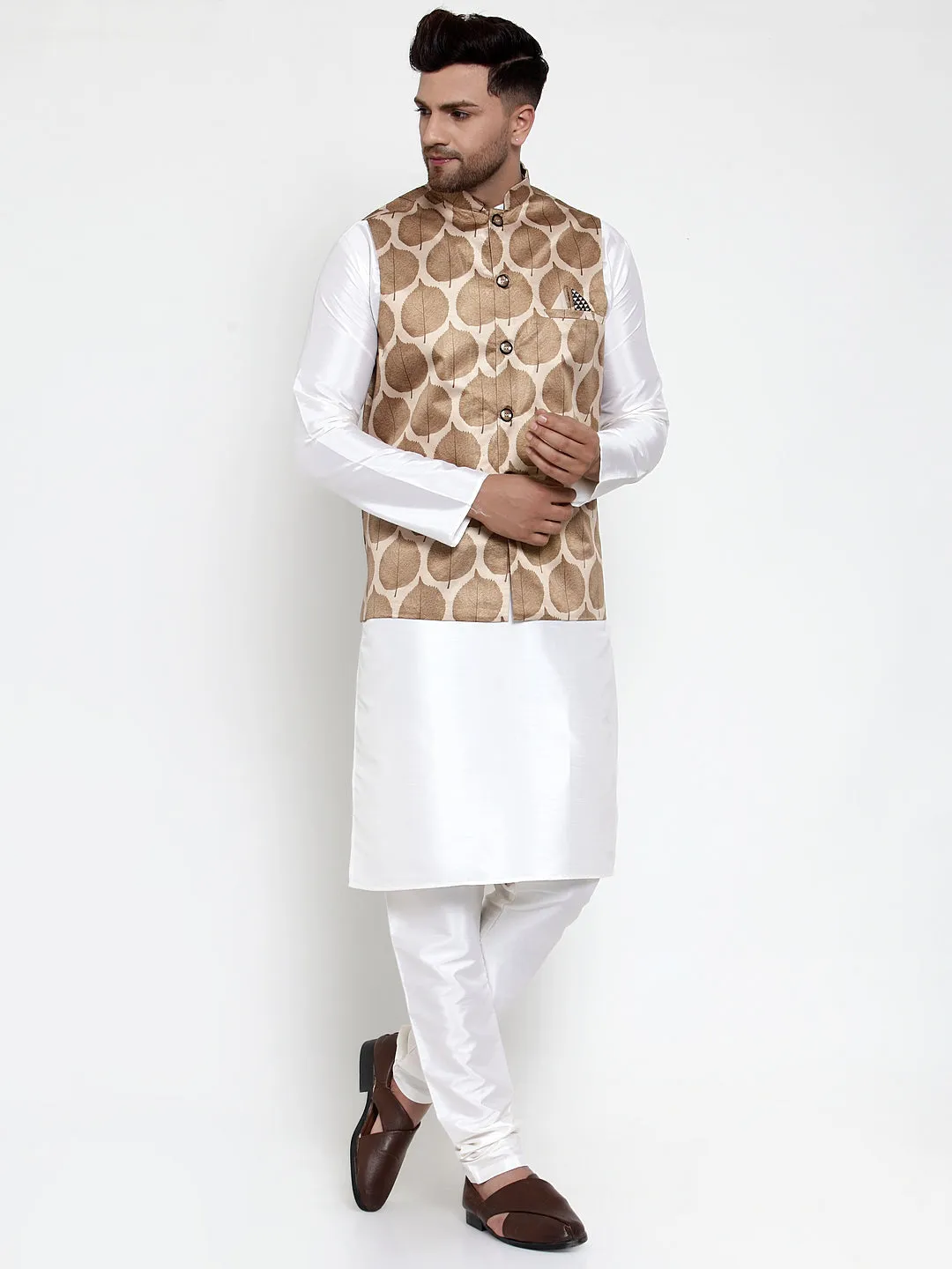 Men's Solid Dupion Kurta Pajama with Printed Nehru Jacket ( JOKPWC OW-D 4014Brown ) - Virat Fashions