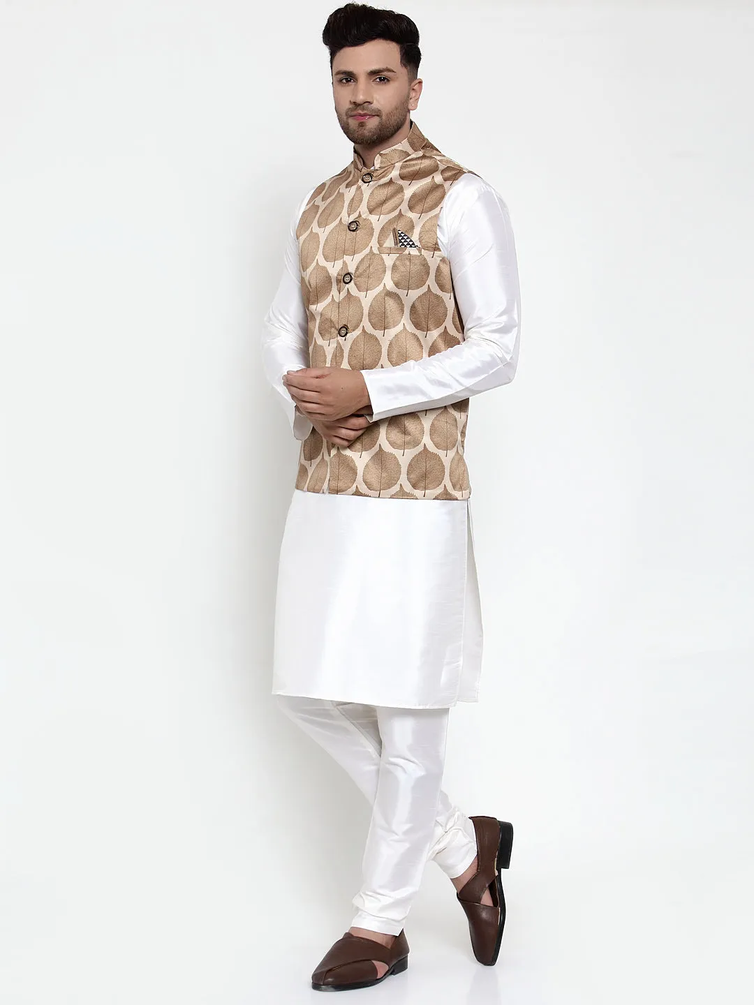 Men's Solid Dupion Kurta Pajama with Printed Nehru Jacket ( JOKPWC OW-D 4014Brown ) - Virat Fashions