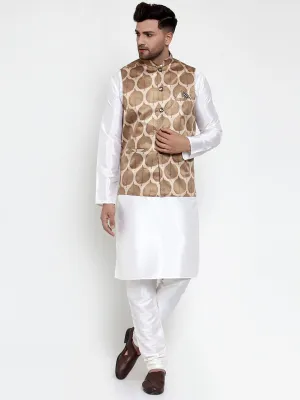 Men's Solid Dupion Kurta Pajama with Printed Nehru Jacket ( JOKPWC OW-D 4014Brown ) - Virat Fashions