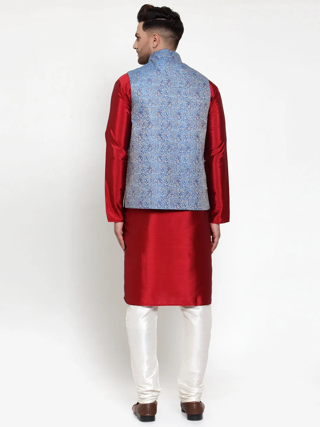 Men's Solid Dupion Kurta Pajama with Woven Jacqaurd Nehru Jacket ( JOKPWC M-D 4020Blue ) - Virat Fashions