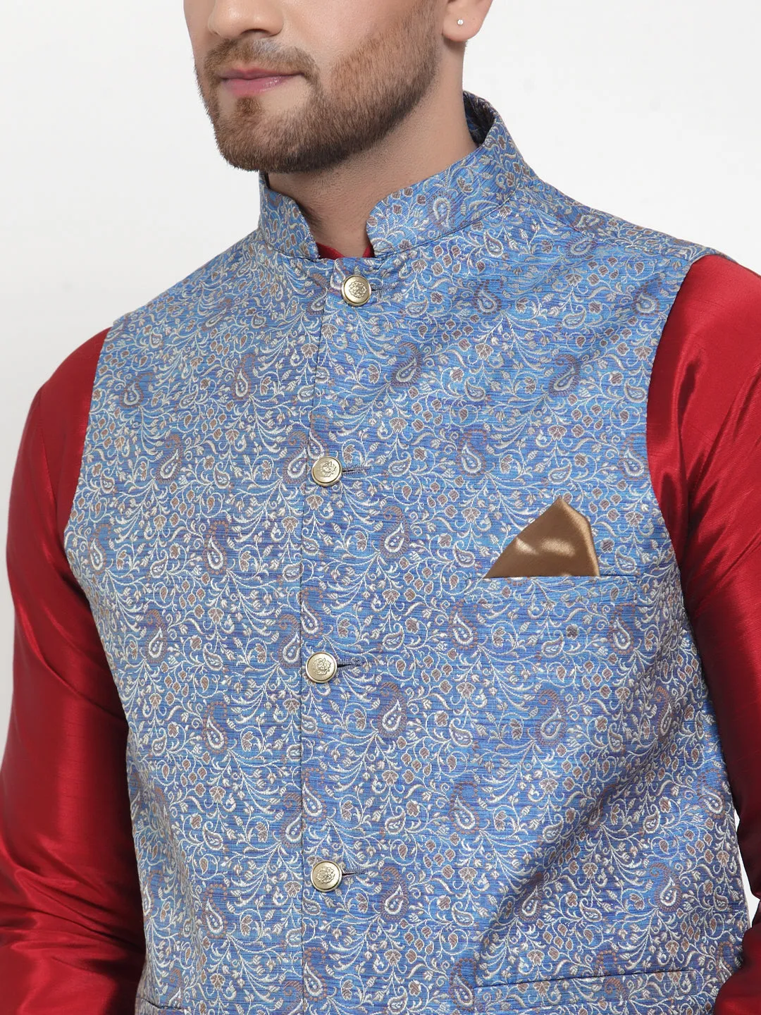 Men's Solid Dupion Kurta Pajama with Woven Jacqaurd Nehru Jacket ( JOKPWC M-D 4020Blue ) - Virat Fashions