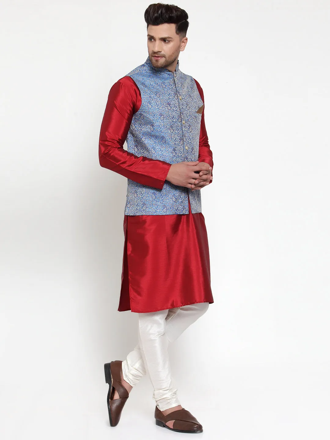 Men's Solid Dupion Kurta Pajama with Woven Jacqaurd Nehru Jacket ( JOKPWC M-D 4020Blue ) - Virat Fashions