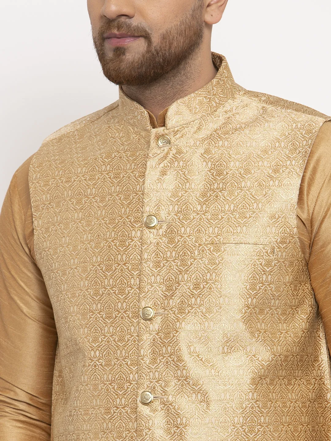 Men's Solid Dupion Kurta Pajama with Woven Jacqaurd Waistcoat ( JOKP WC 4063Golden-G ) - Virat Fashions