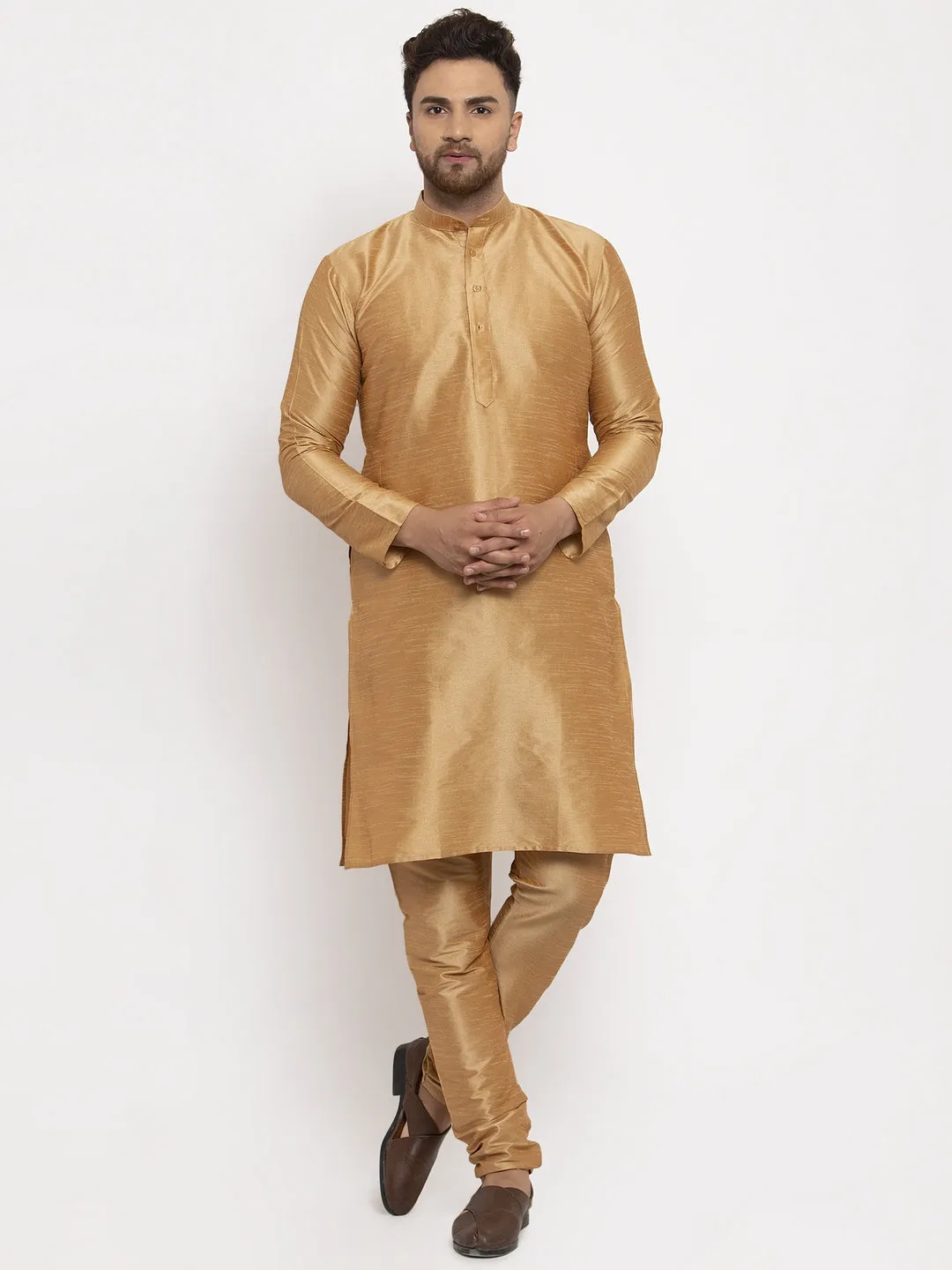 Men's Solid Dupion Kurta Pajama with Woven Jacqaurd Waistcoat ( JOKP WC 4063Golden-G ) - Virat Fashions