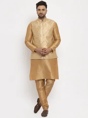 Men's Solid Dupion Kurta Pajama with Woven Jacqaurd Waistcoat ( JOKP WC 4063Golden-G ) - Virat Fashions