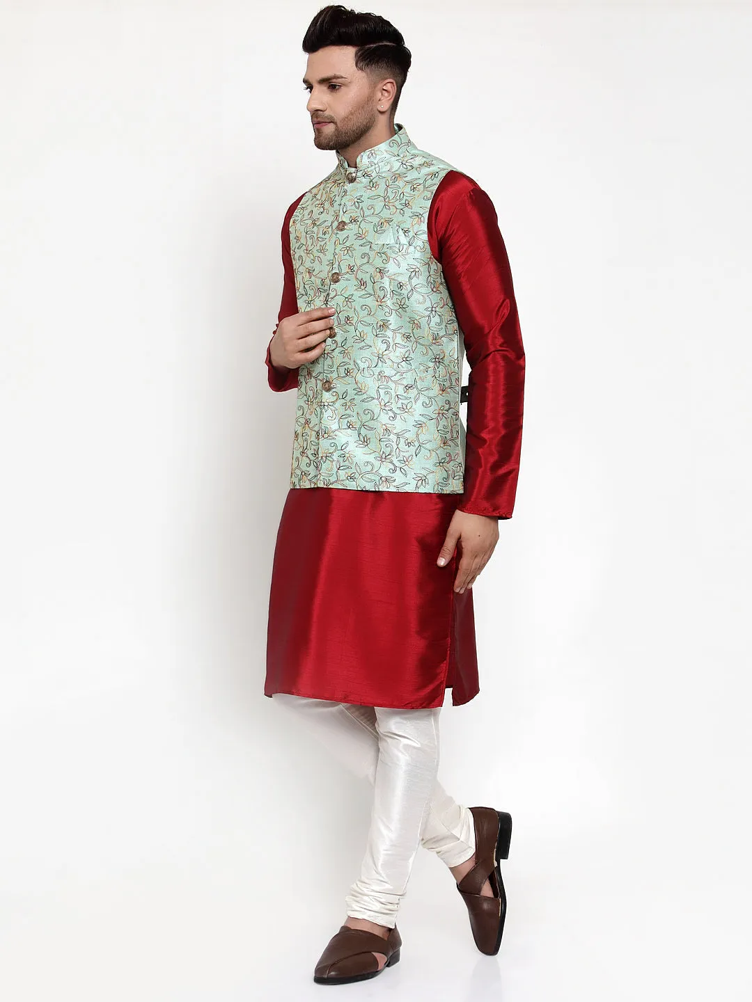 Men's Solid Dupion Kurta Pajama with Woven Nehru Jacket ( JOKPWC M-D 4013Sky ) - Virat Fashions