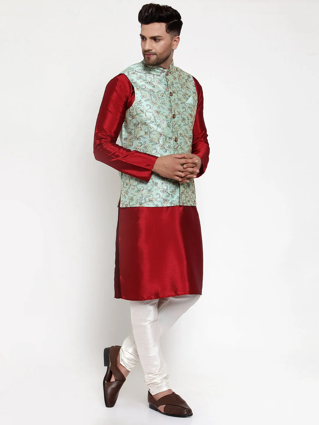 Men's Solid Dupion Kurta Pajama with Woven Nehru Jacket ( JOKPWC M-D 4013Sky ) - Virat Fashions