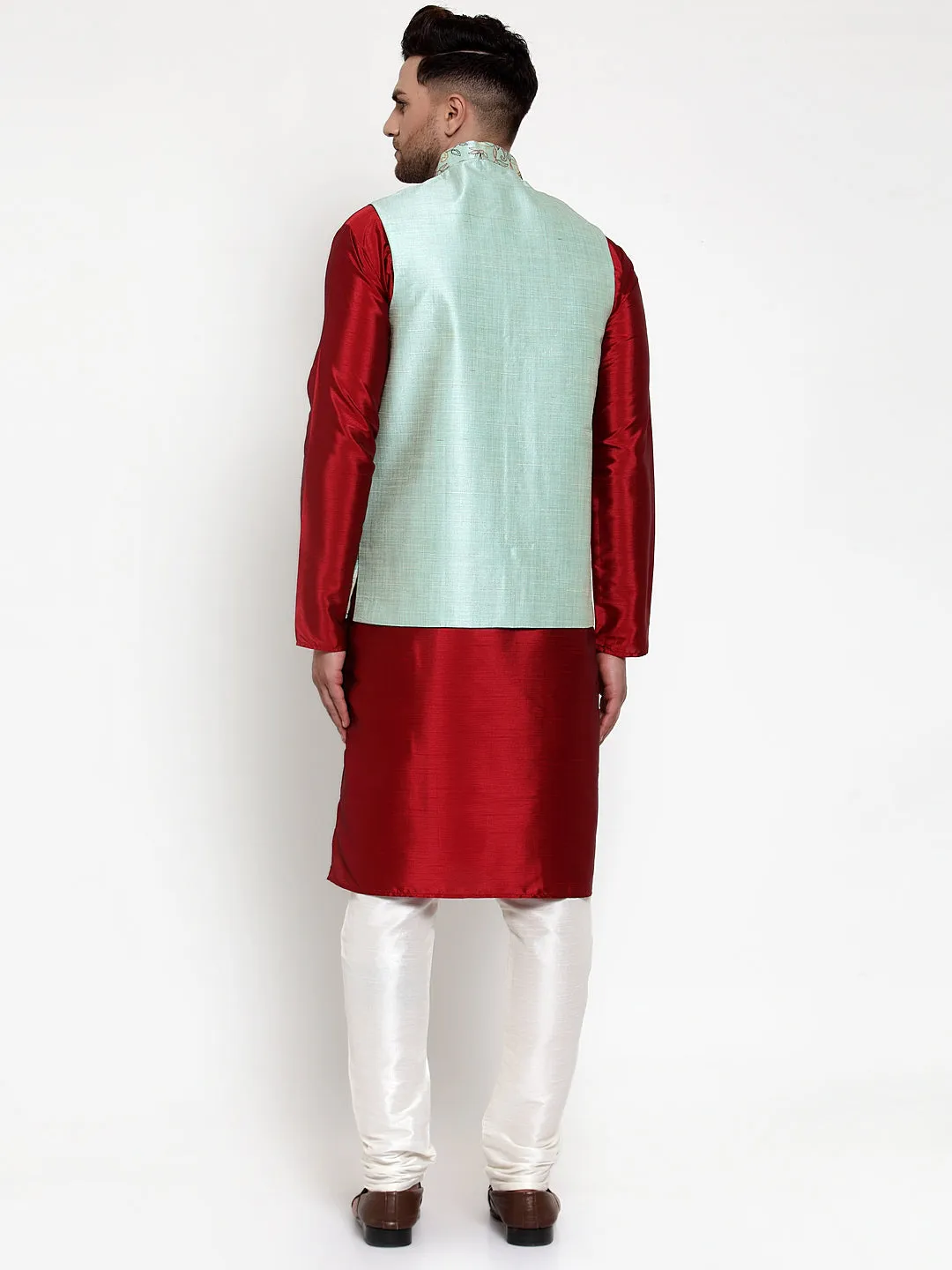 Men's Solid Dupion Kurta Pajama with Woven Nehru Jacket ( JOKPWC M-D 4013Sky ) - Virat Fashions