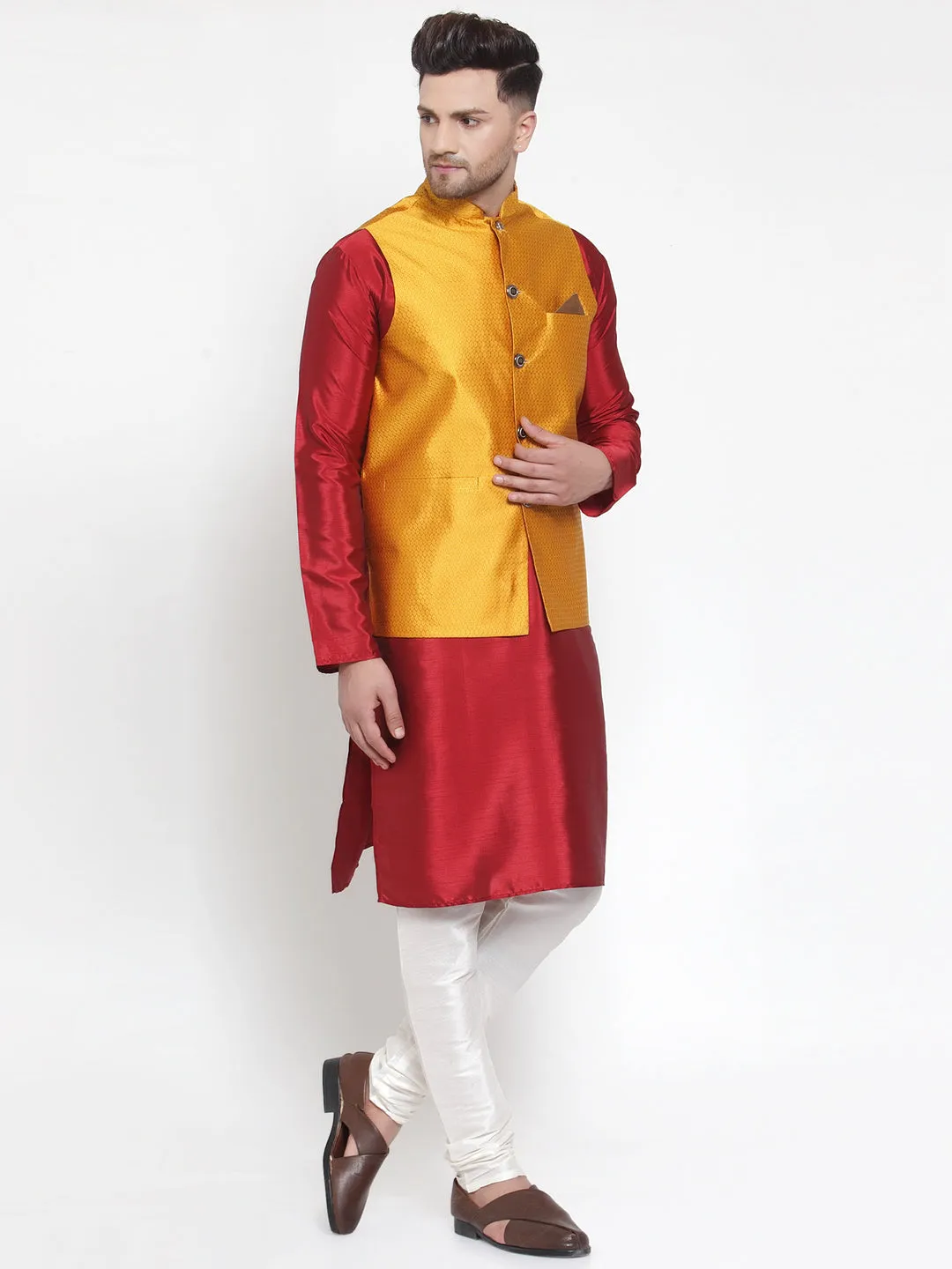 Men's Solid Dupion Kurta Pajama with Woven Nehru Jacket ( JOKPWC M-D 4017Yellow ) - Virat Fashions