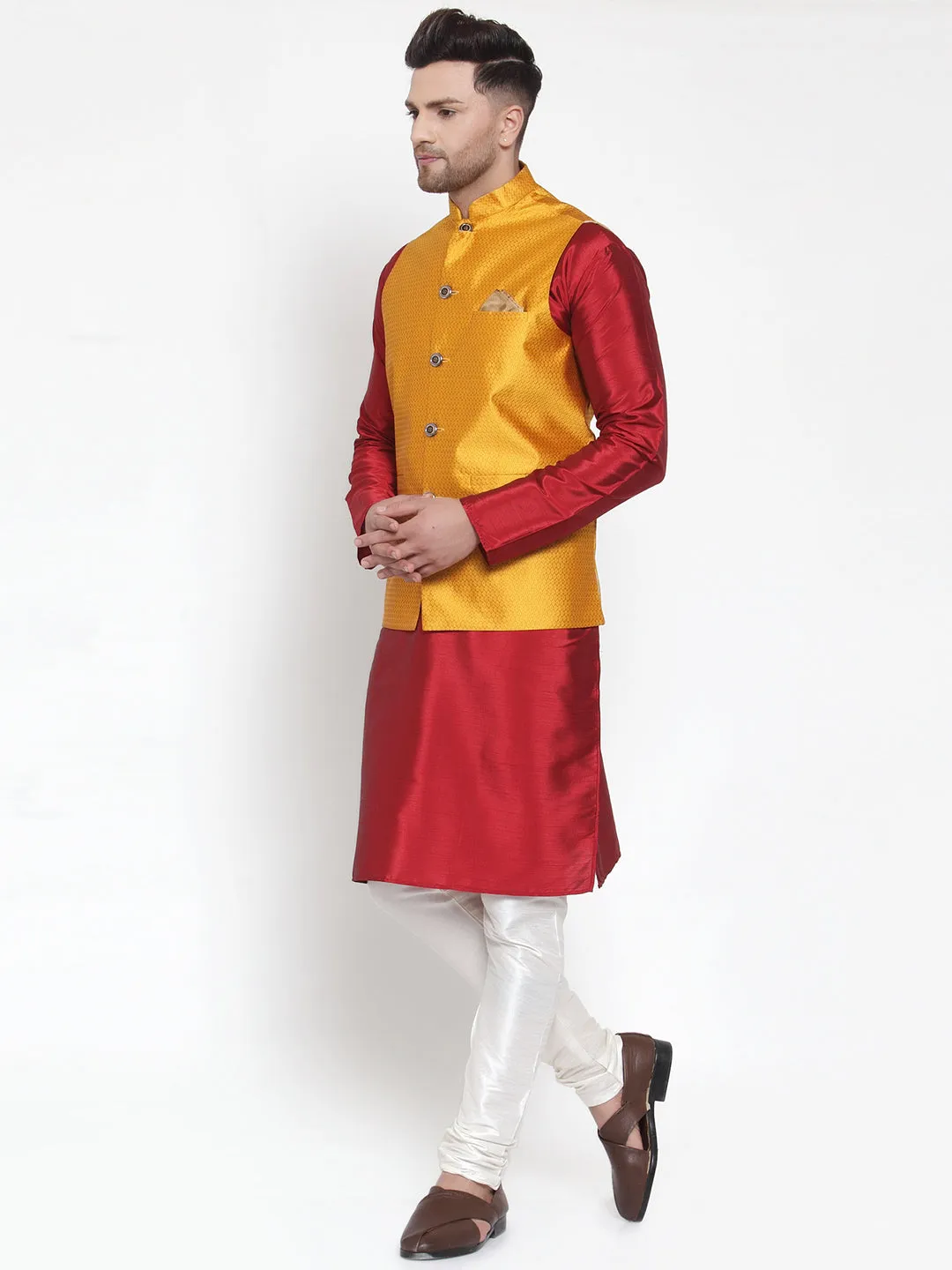 Men's Solid Dupion Kurta Pajama with Woven Nehru Jacket ( JOKPWC M-D 4017Yellow ) - Virat Fashions