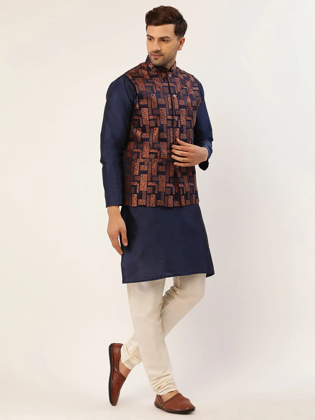 Men's Solid Kurta Pyjama With Bronze Woven Design Nehru Jacket