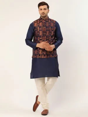 Men's Solid Kurta Pyjama With Bronze Woven Design Nehru Jacket