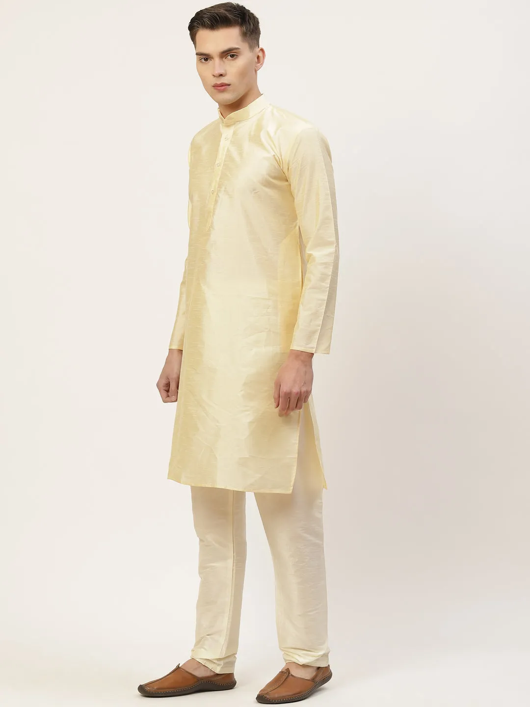 Men's Solid Kurta Pyjama With Floral Cream Printed Nehru Jacket