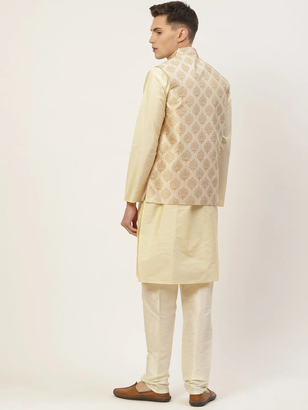 Men's Solid Kurta Pyjama With Floral Cream Printed Nehru Jacket