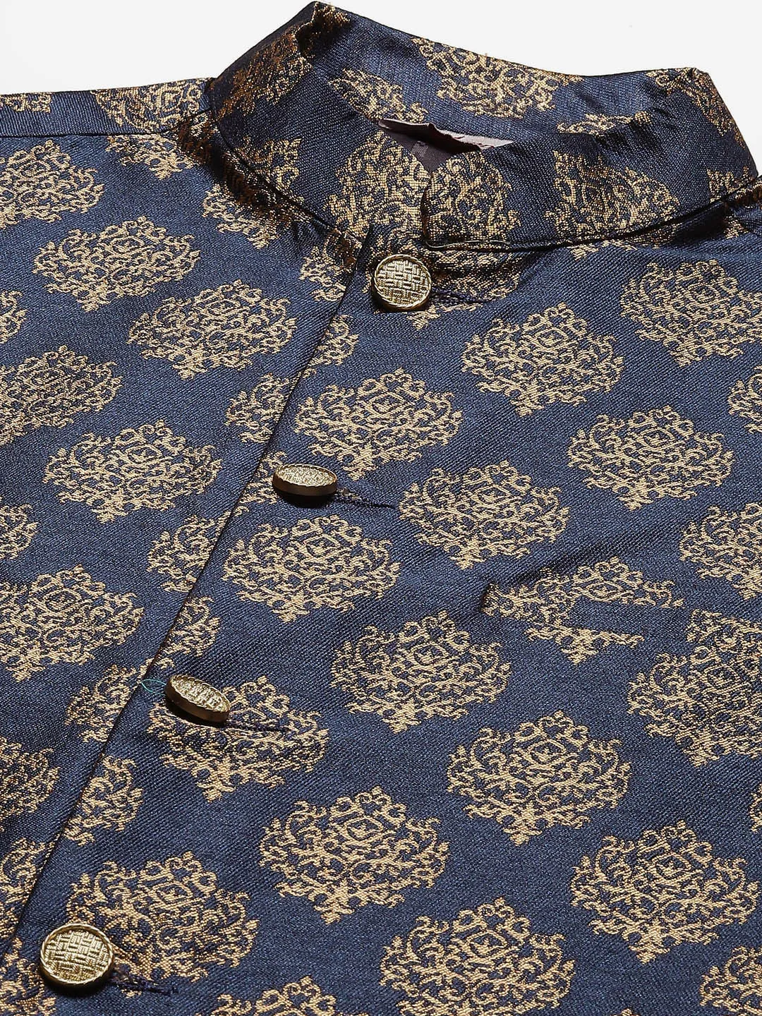 Men'S Solid Kurta Pyjama With Floral Navy Printed Nehru Jacket