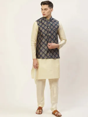 Men'S Solid Kurta Pyjama With Floral Navy Printed Nehru Jacket