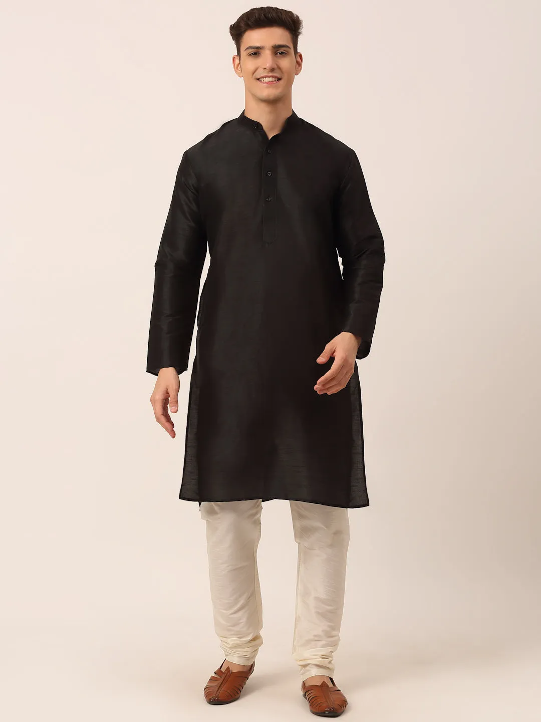 Men's Solid Kurta Pyjama With Green Woven Design Nehru Jacket