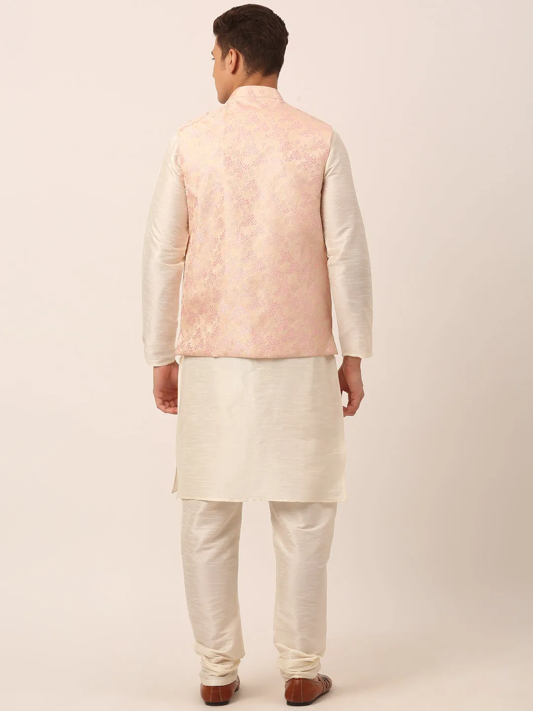 Men's Solid Kurta Pyjama With Pink Floral Embroidered Nehru Jacket