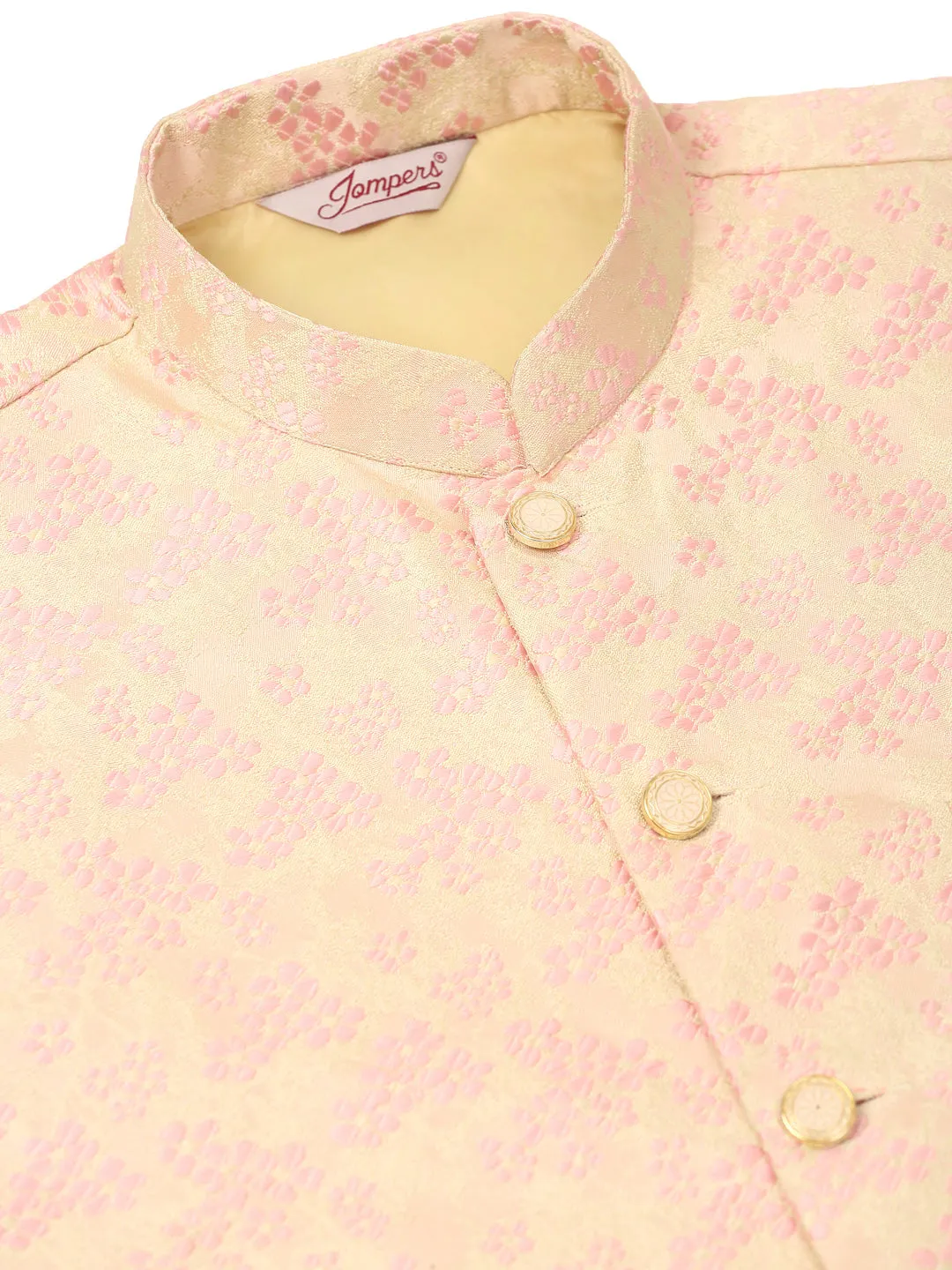 Men's Solid Kurta Pyjama With Pink Floral Embroidered Nehru Jacket