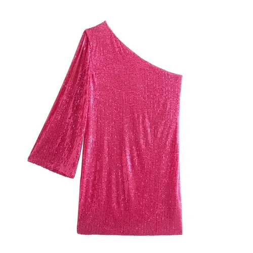 One Shoulder Rose Red Sequined Party Dress