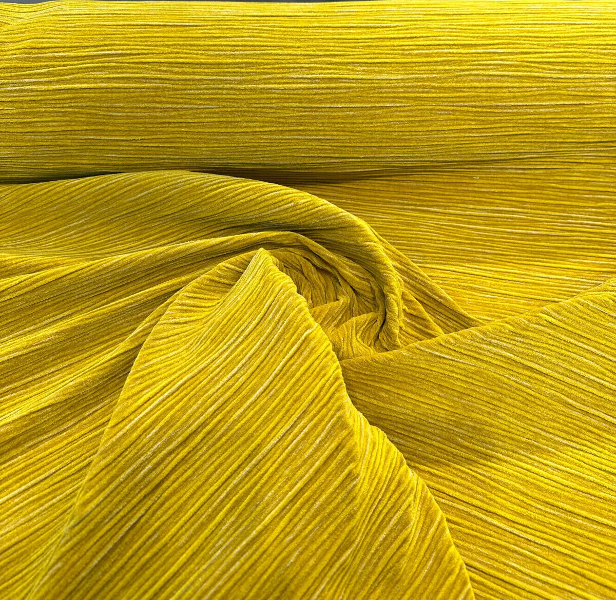 Ora Chartruse Gold Pleated Velvet Upholstery Fabric by the yard