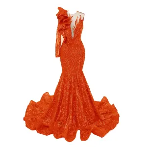 Orange Mermaid One Sleeve Prom Dresses Sequined Lace Jewel Ruffles Evening Party Dress with Appliques﻿