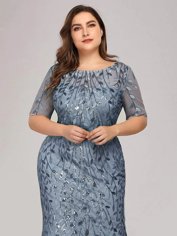 Plus Size Sequin Mesh Mermaid Slim Evening Beaded Leaves Pattern Formal Elegant Party Prom Gowns Short Sleeve Dress