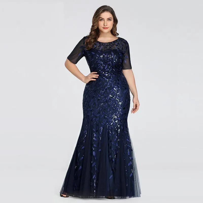 Plus Size Sequin Mesh Mermaid Slim Evening Beaded Leaves Pattern Formal Elegant Party Prom Gowns Short Sleeve Dress