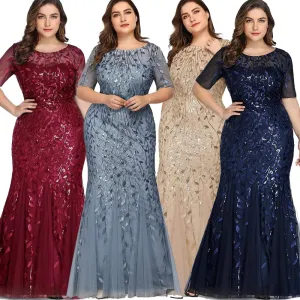 Plus Size Sequin Mesh Mermaid Slim Evening Beaded Leaves Pattern Formal Elegant Party Prom Gowns Short Sleeve Dress