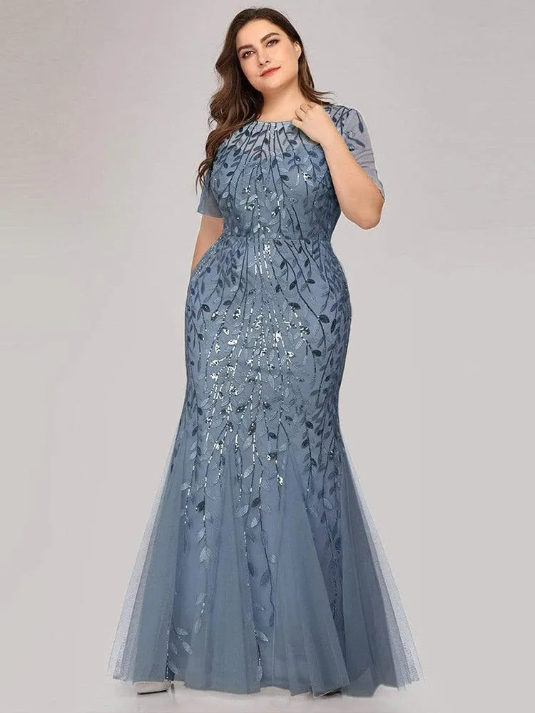 Plus Size Sequin Mesh Mermaid Slim Evening Beaded Leaves Pattern Formal Elegant Party Prom Gowns Short Sleeve Dress