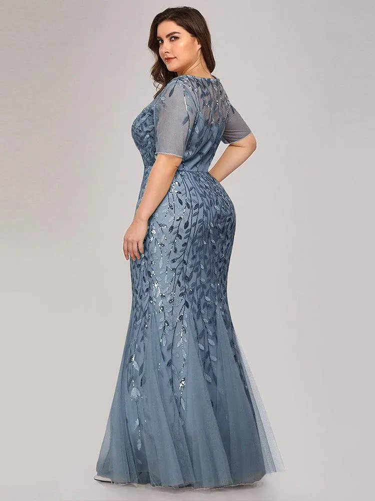 Plus Size Sequin Mesh Mermaid Slim Evening Beaded Leaves Pattern Formal Elegant Party Prom Gowns Short Sleeve Dress