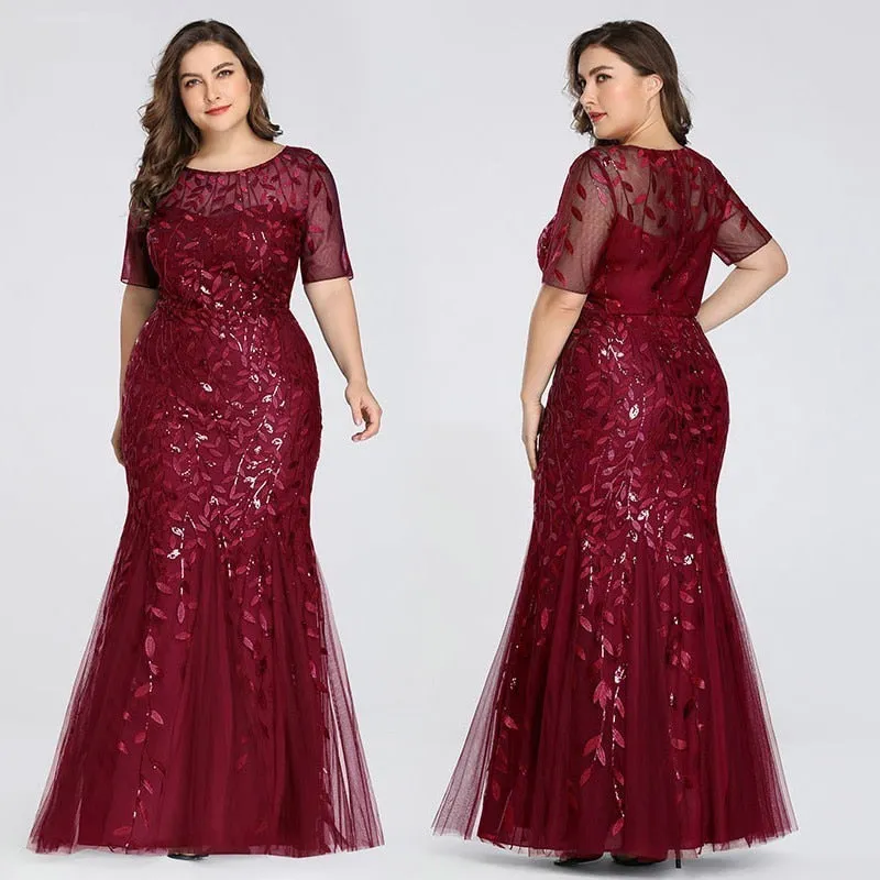 Plus Size Sequin Mesh Mermaid Slim Evening Beaded Leaves Pattern Formal Elegant Party Prom Gowns Short Sleeve Dress