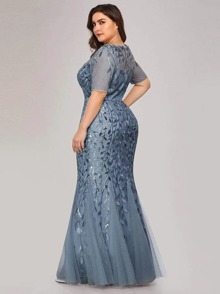 Plus Size Sequin Mesh Mermaid Slim Evening Beaded Leaves Pattern Formal Elegant Party Prom Gowns Short Sleeve Dress