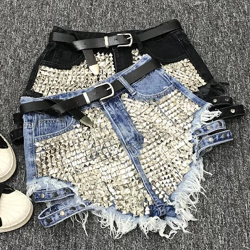 Rivet denim summer women high waist loose tassel jean shorts